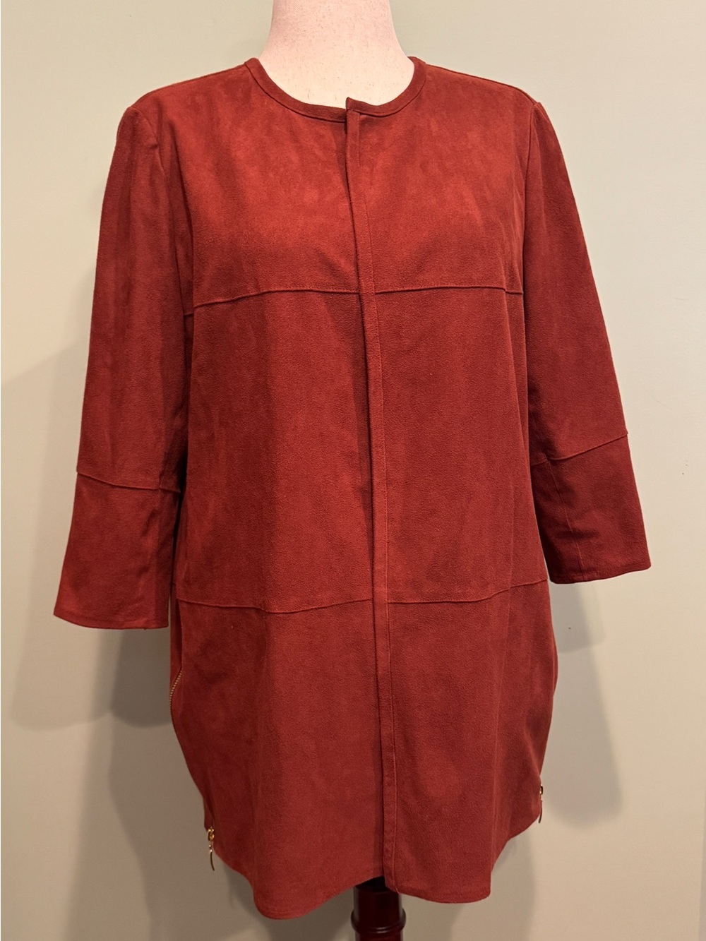 Chico’s Faux Suede Longline Jacket Topper Rust Orange Size 2 L 12